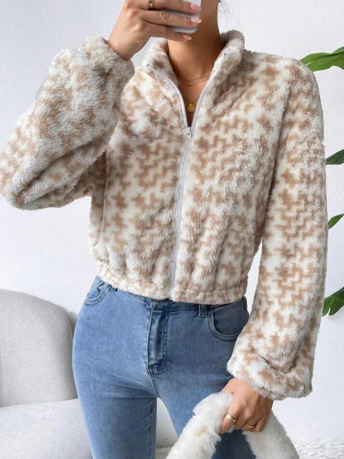 Zip Up Long Sleeve Fuzzy Outerwear | Cropped Casual