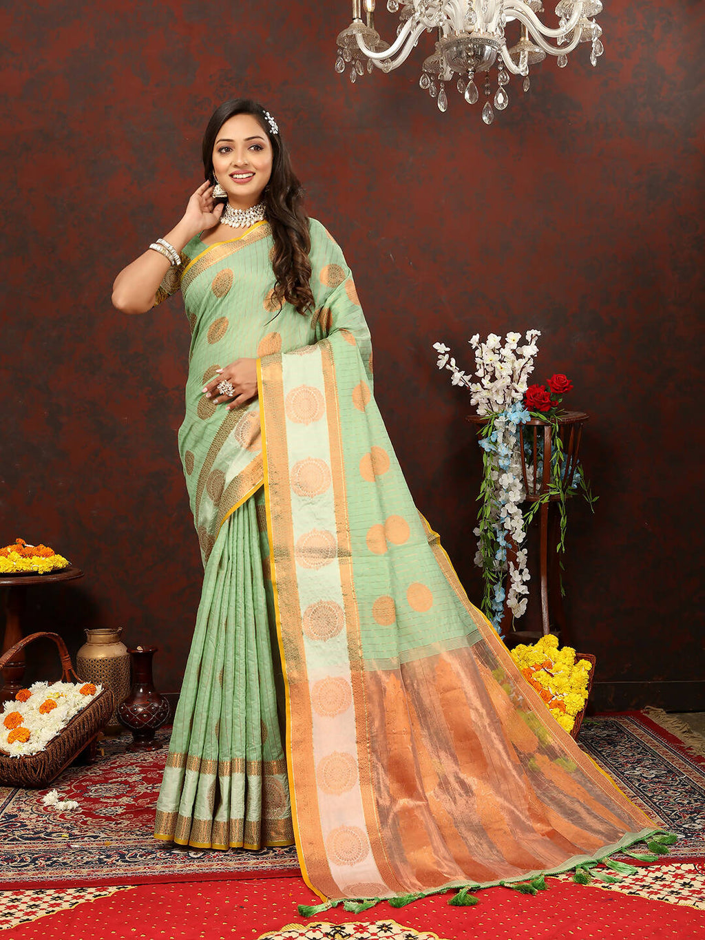Seagreen Cotton Saree with Metallic Gold Zari Weaving and Tassels