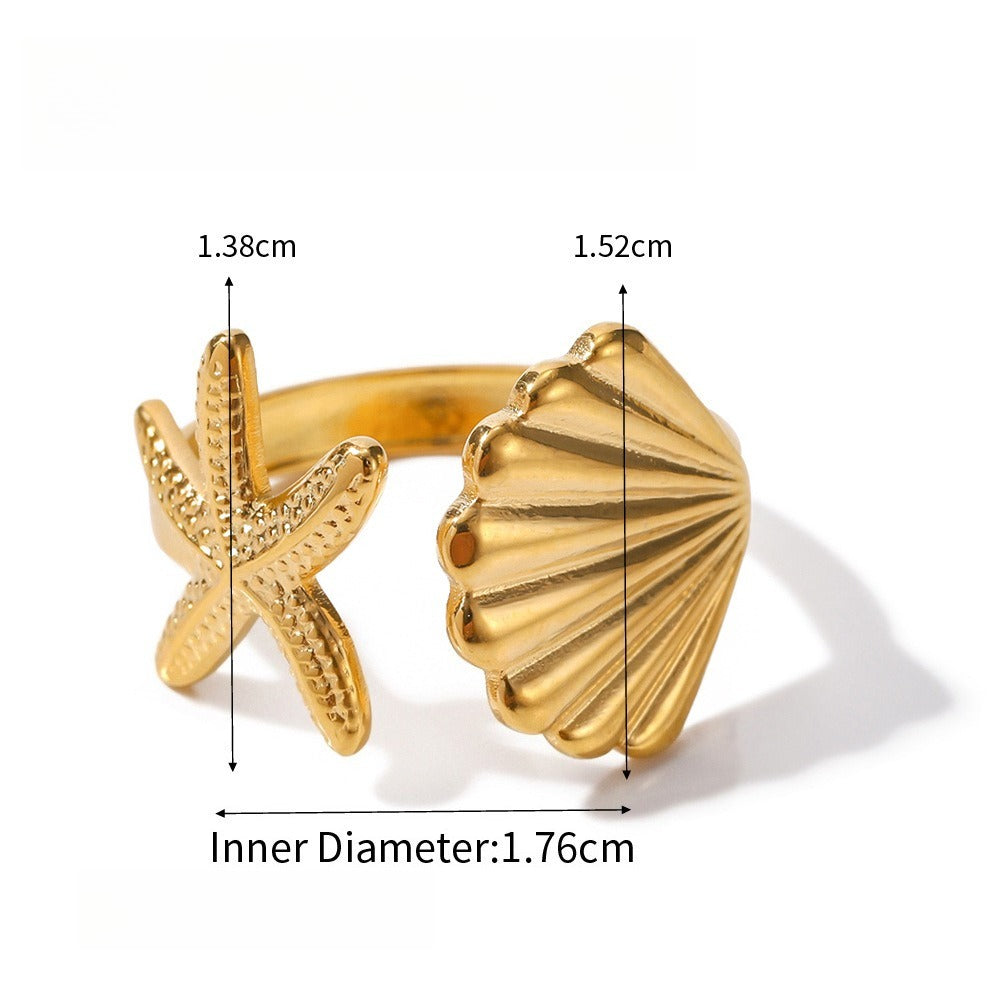 Starfish Shell Adjustable Ring in Gold or Silver Titanium Steel