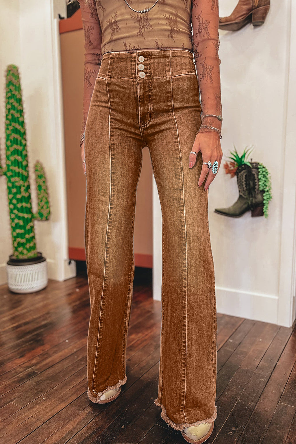 Coffee High Waist Flare Jeans | Button Fly Raw Hem Denim