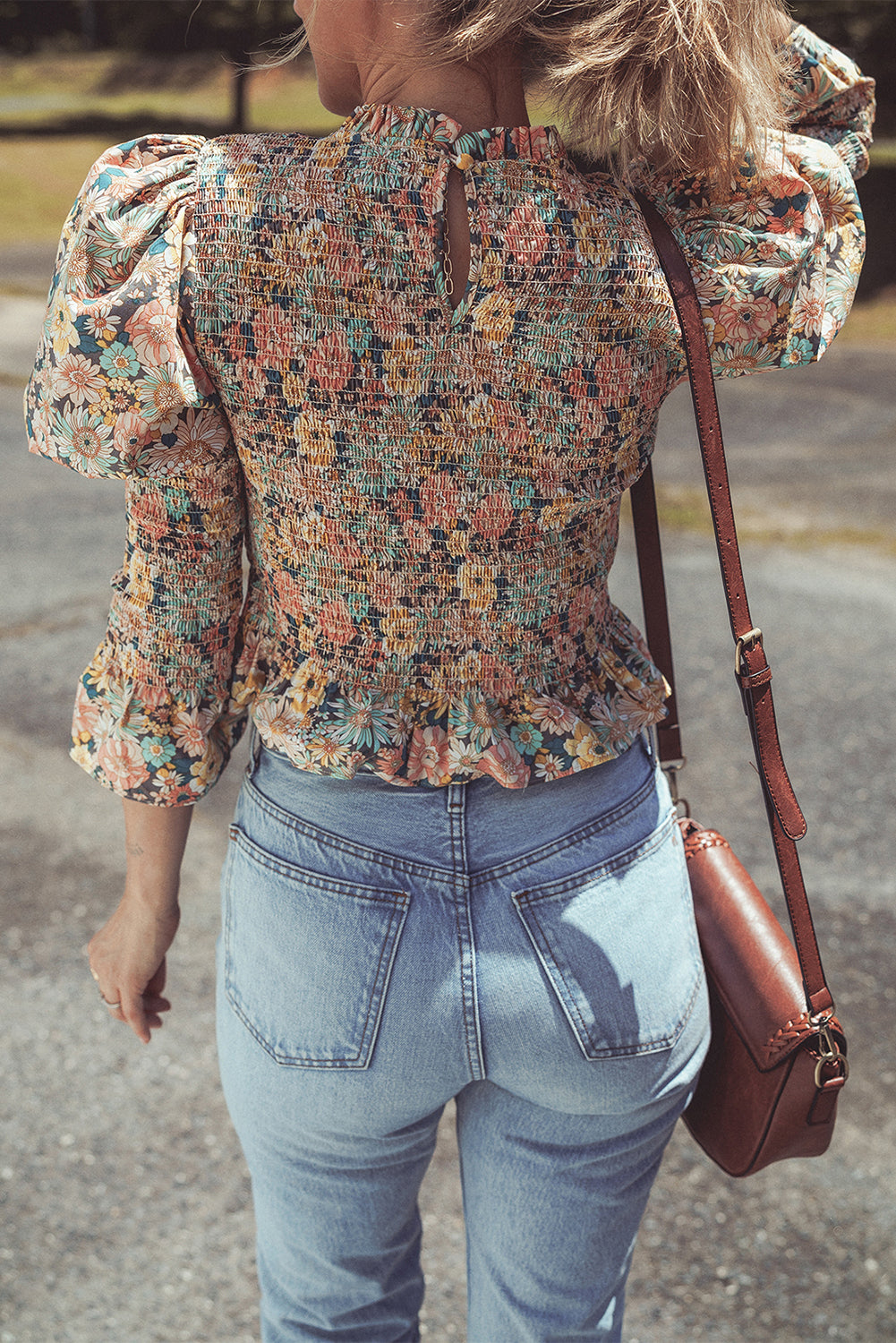 Yellow Floral Print Smocked Bubble Sleeve Crop Top