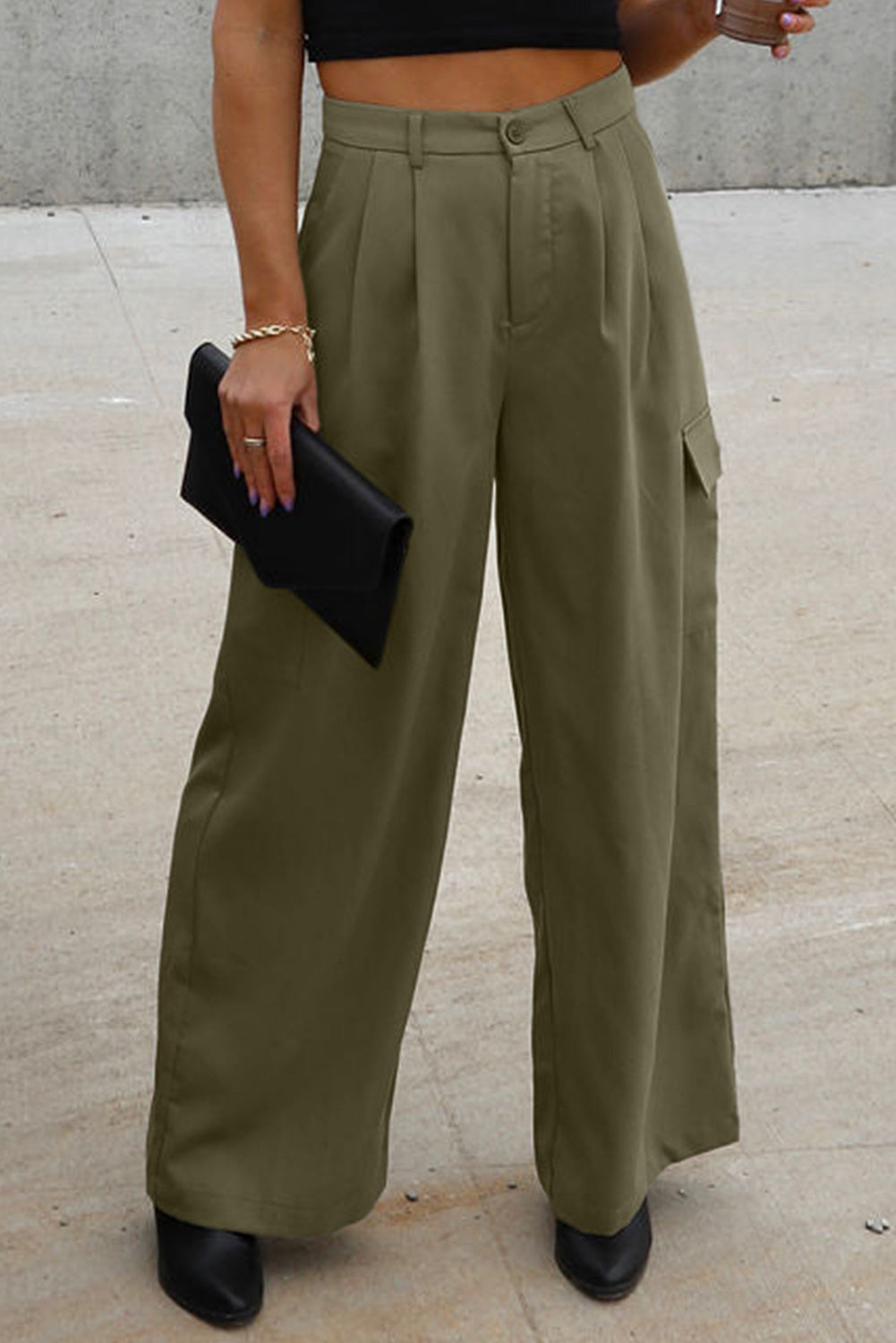 Ruched Wide Leg Pants with Pockets - Olive Green
