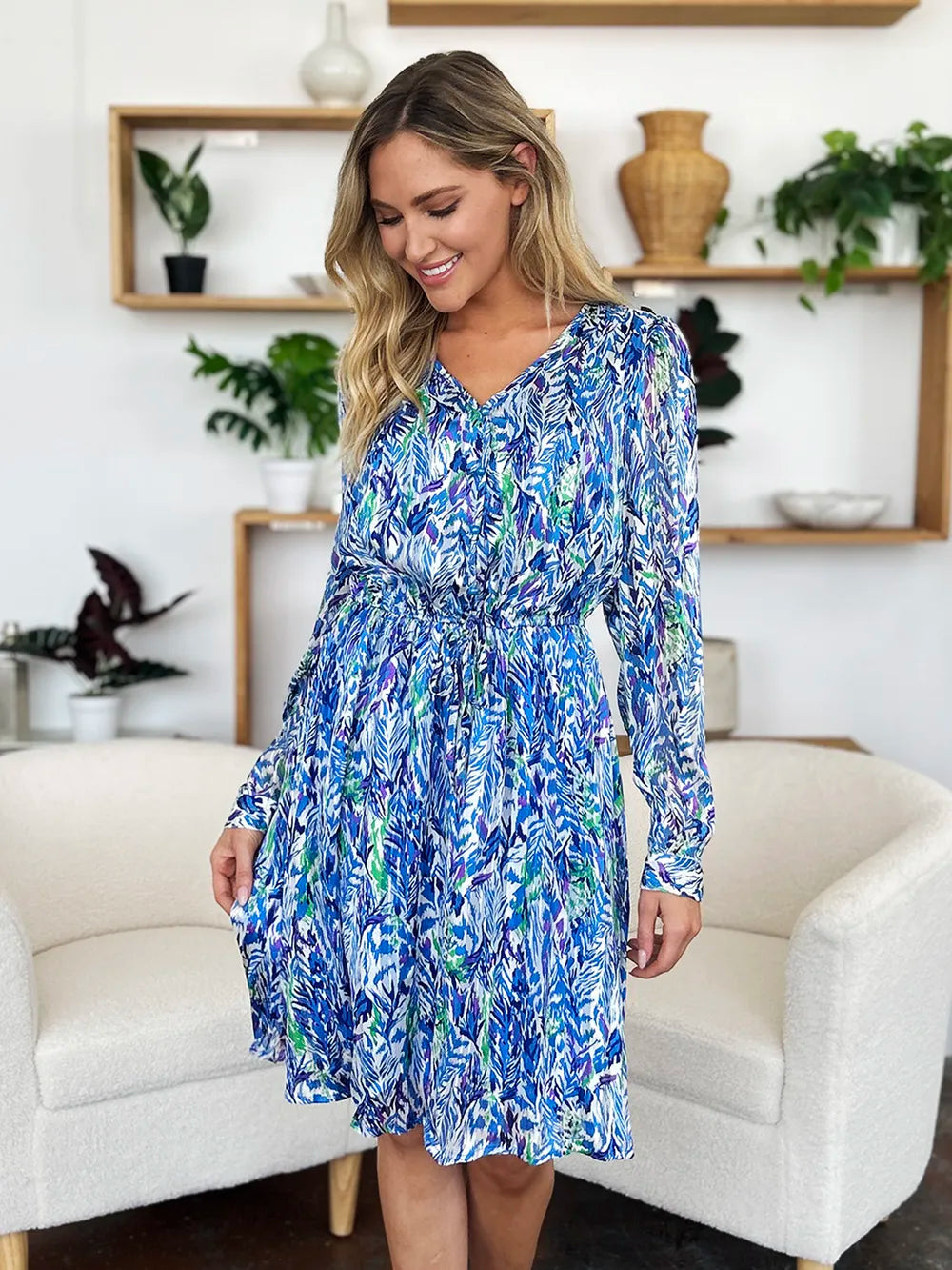Printed Drawstring Waist Long Sleeve A-Line Dress | V-Neck