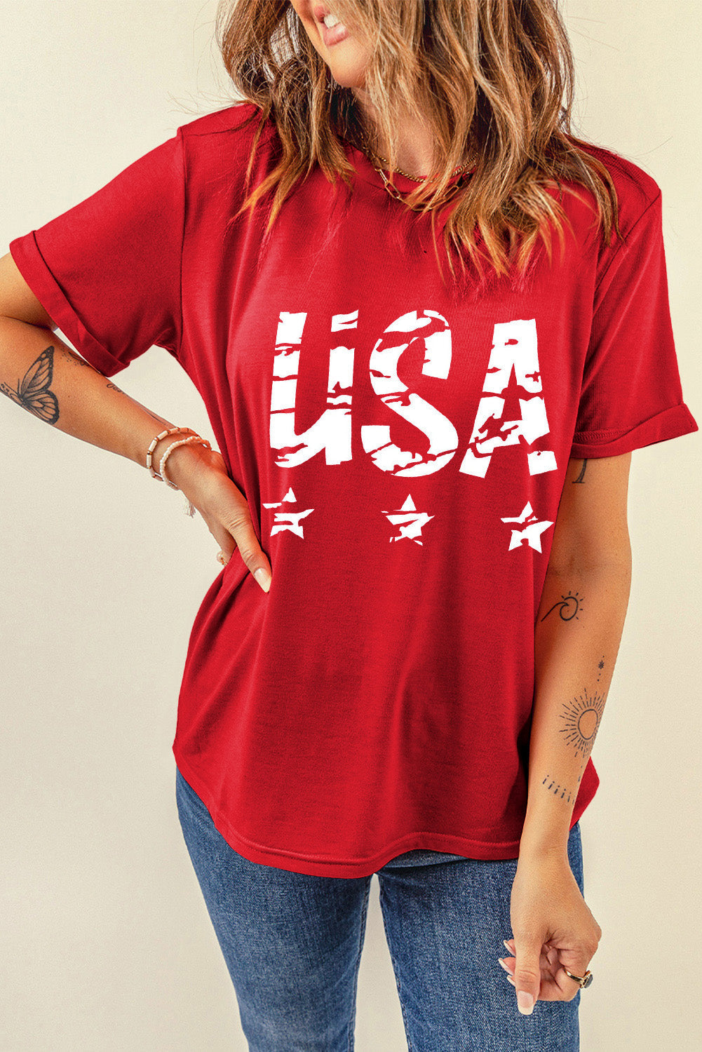 Women's Red USA Graphic Print Round Neck Short Sleeve T-Shirt - Image 3