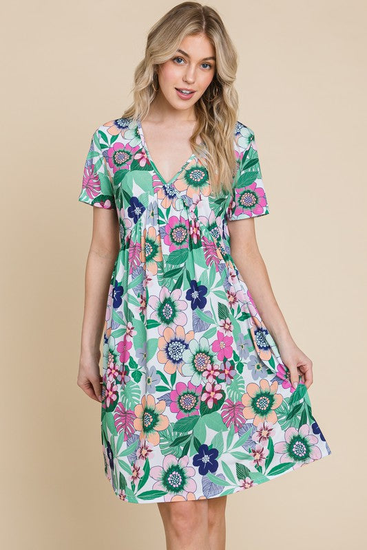 Floral V-Neck Ruched Short Sleeve Midi Dress