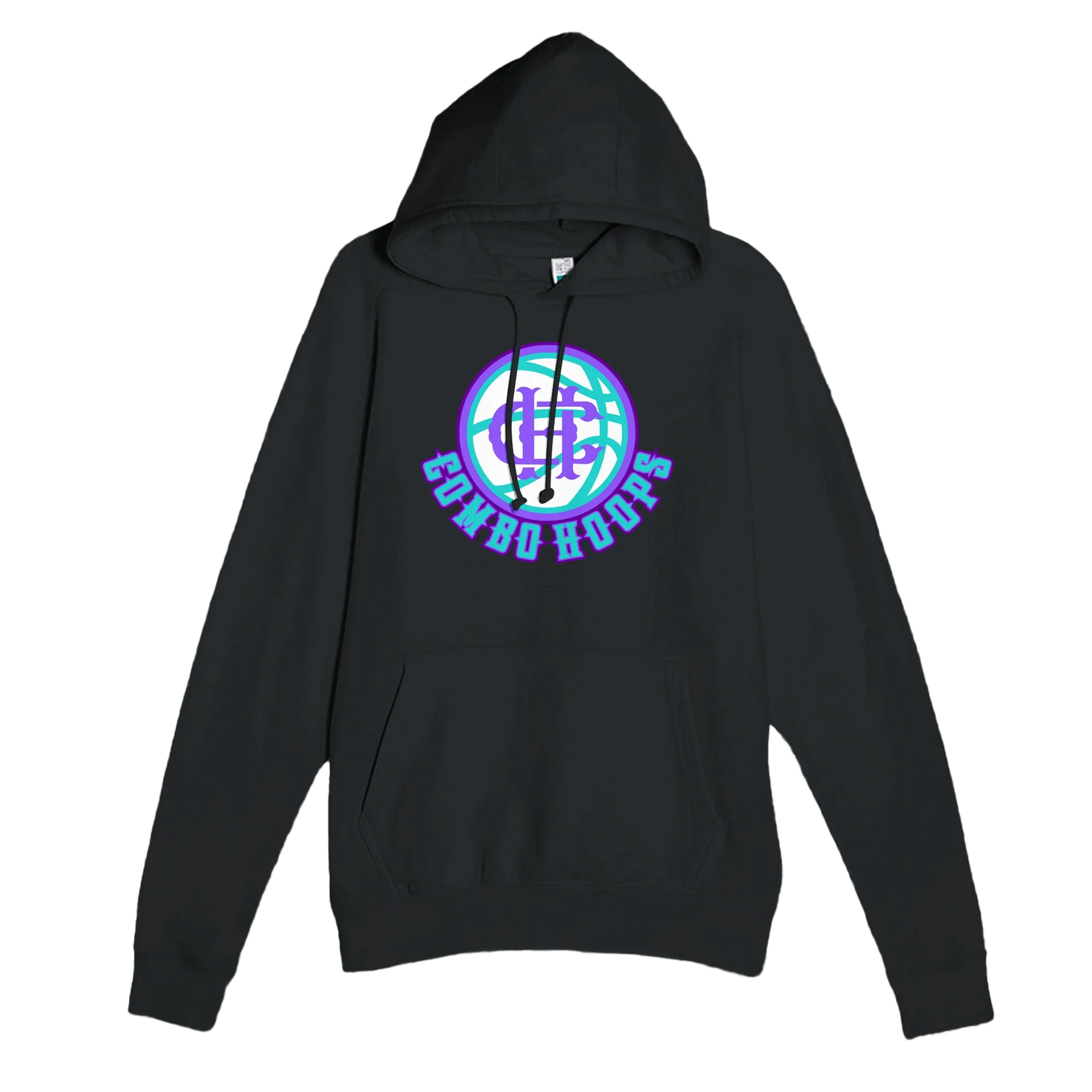 Black long-sleeve pullover hoodie with NH Combo Hoops logo graphic on the chest