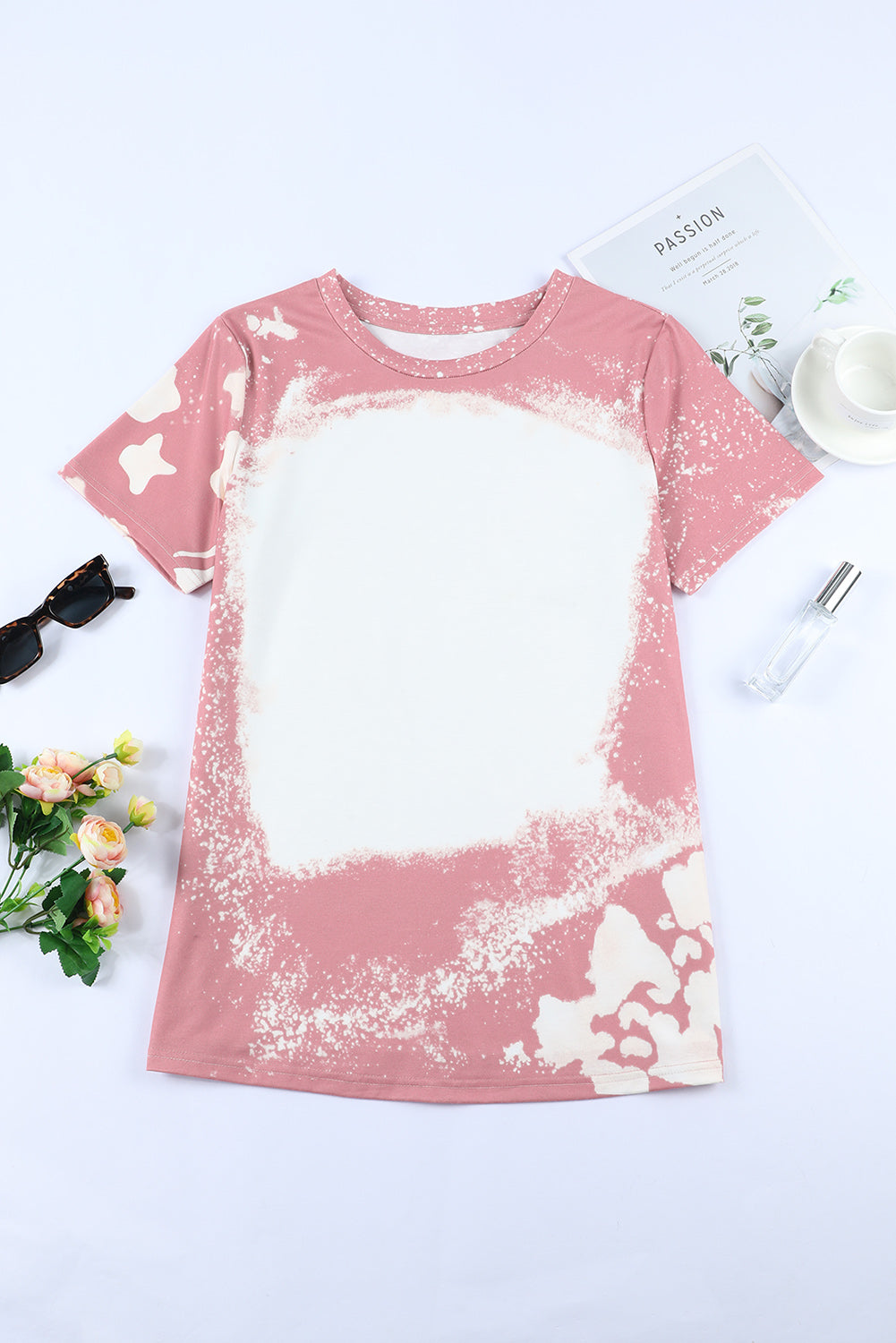 Women's Pink and White Tie Dye Bleached Short Sleeve T-Shirt