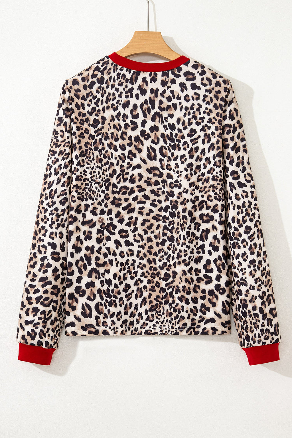 Brown Leopard Print Contrast Trim Round Neck Long Sleeve Top