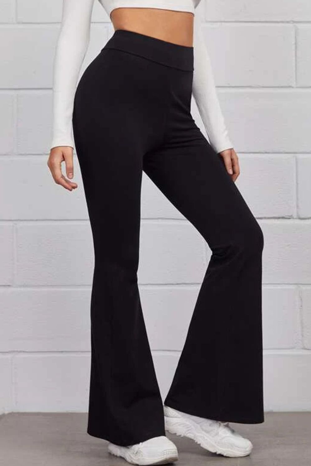 Women's Solid Black Pull On Flared Pants Casual High Rise Bottoms - Image 3