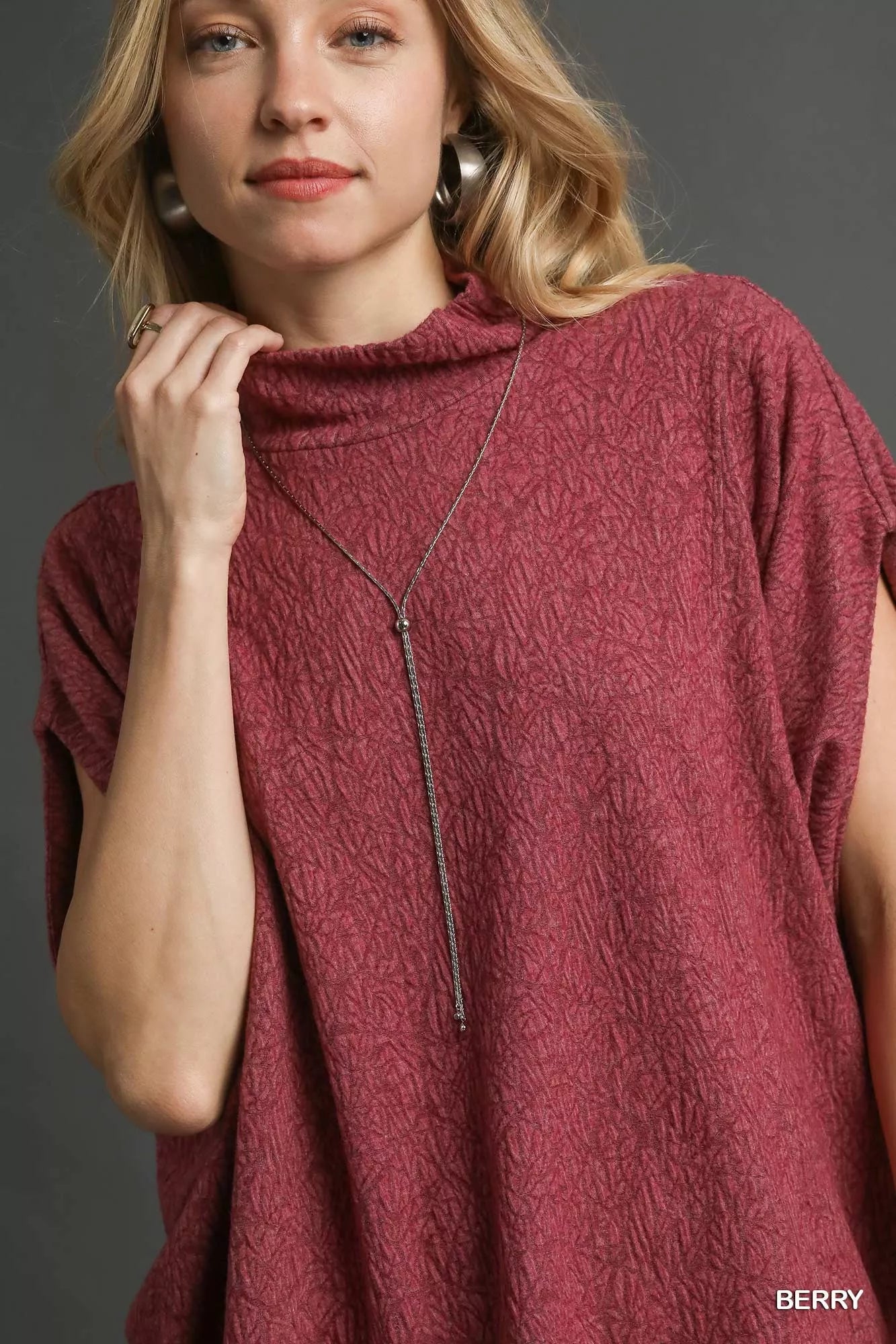 Textured Mock Neck Relaxed Top in Berry