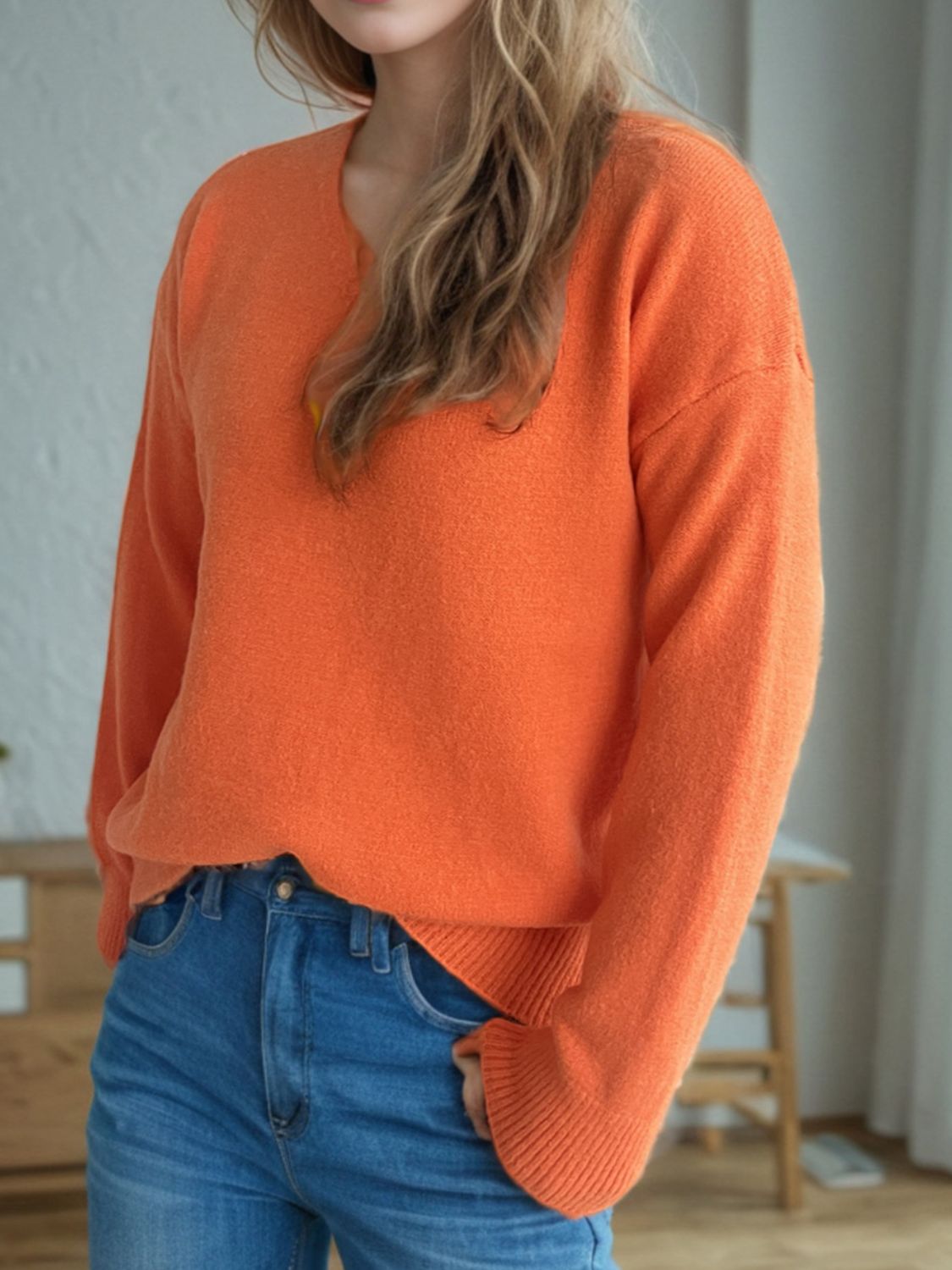 Women's V-Neck Dropped Shoulder Long Sleeve Knit Sweater - Image 18