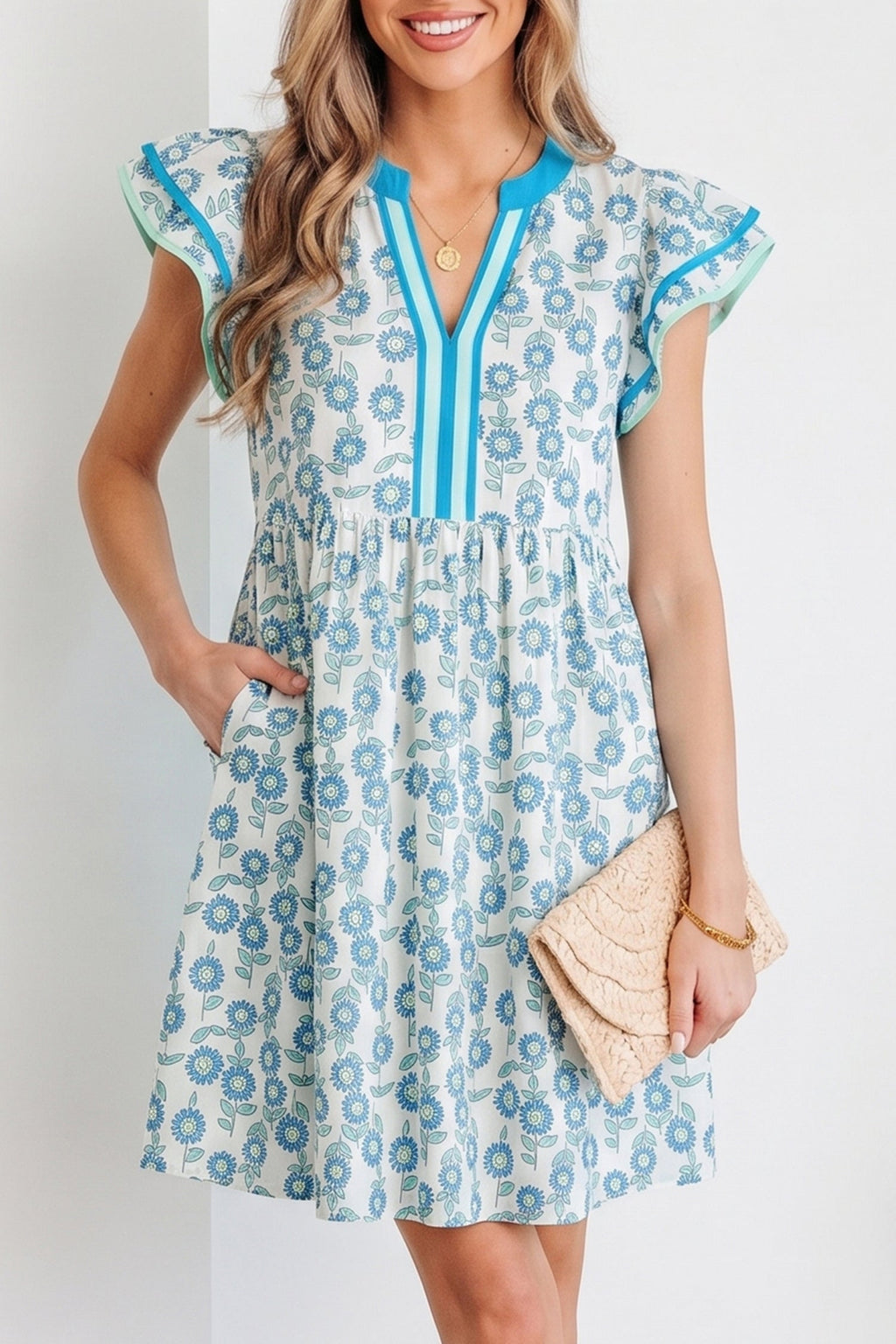 Marlowe Flutter Sleeve Mini Dress in Floral Cotton Blend