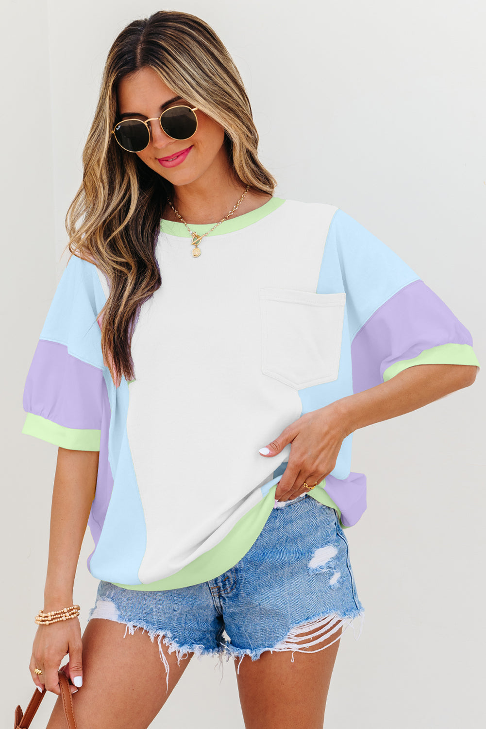 Zoe Patchwork Oversized Half Sleeve Colorblock Top