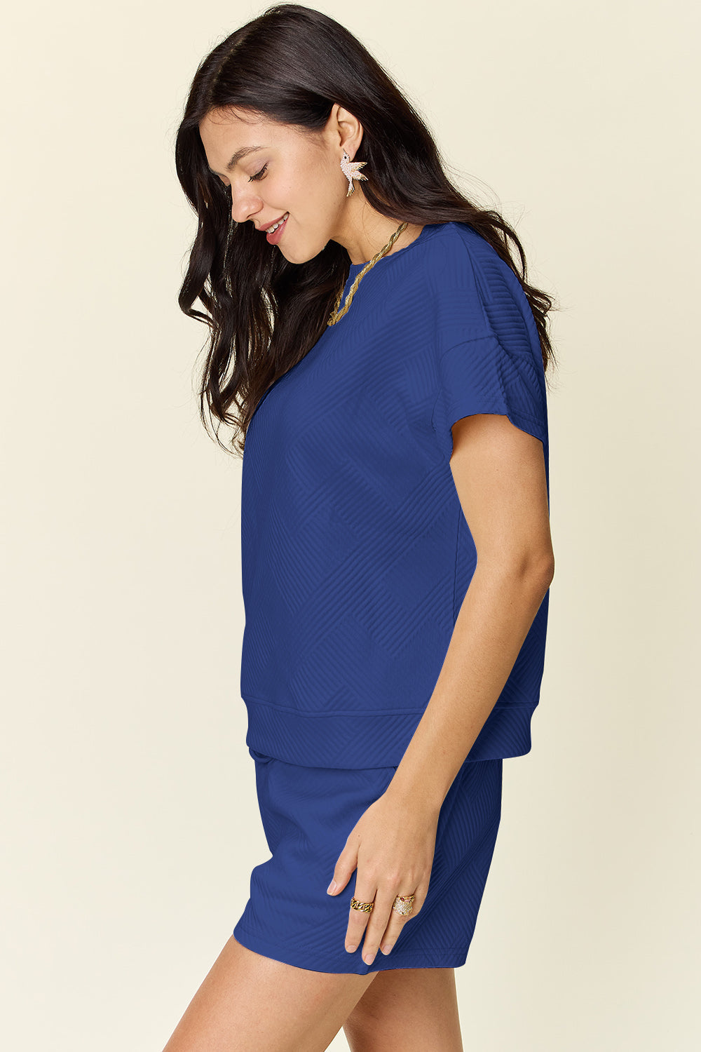 White Textured Drawstring Shorts and Relaxed Tee Lounge Set - Image 10
