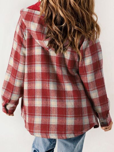 Plush Plaid Snap Down Hooded Jacket Cozy Warm Casual Outerwear