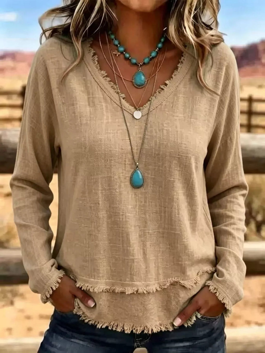 V-Neck Frayed Hem Long Sleeve T-Shirt