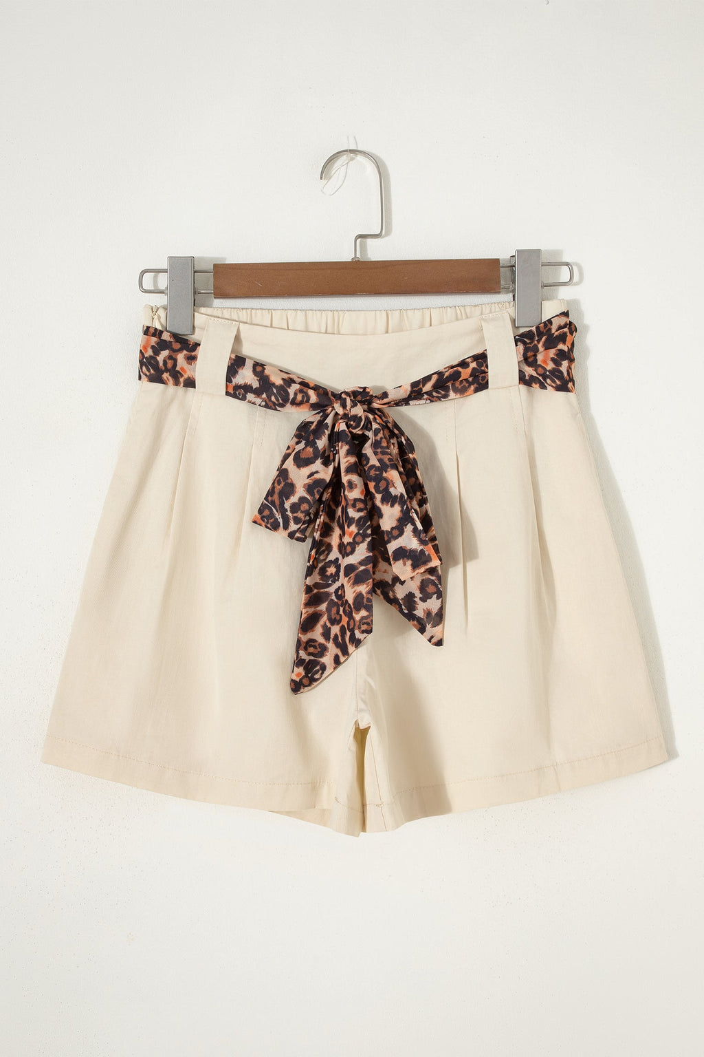 Ariel Pleated Wide Leg Shorts in Beige with Leopard Sash Belt