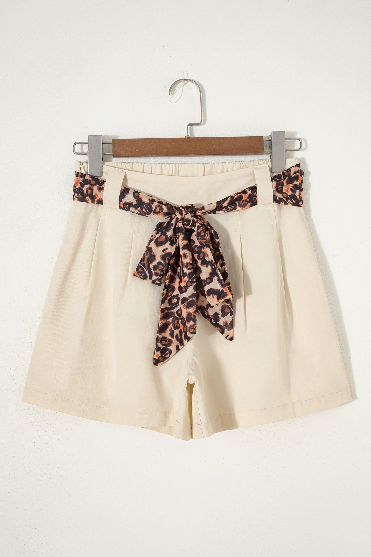 Ariel Pleated Wide Leg Shorts in Beige with Leopard Sash Belt