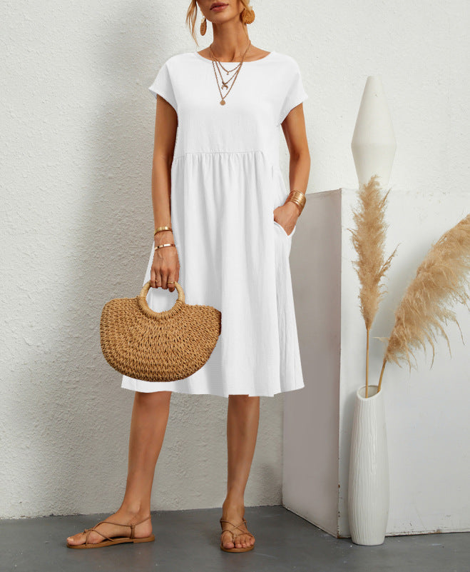 Cotton Blend Round Neck A-Line Skirt Dress