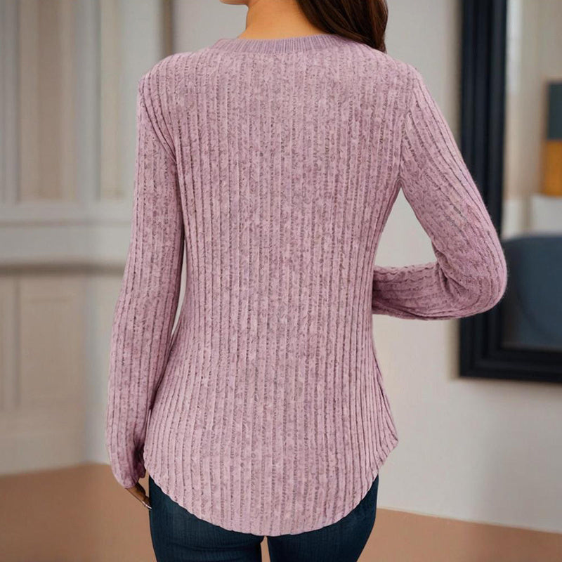 Women's V-Neck Button Front Long Sleeve Ribbed Knit Top - Image 2