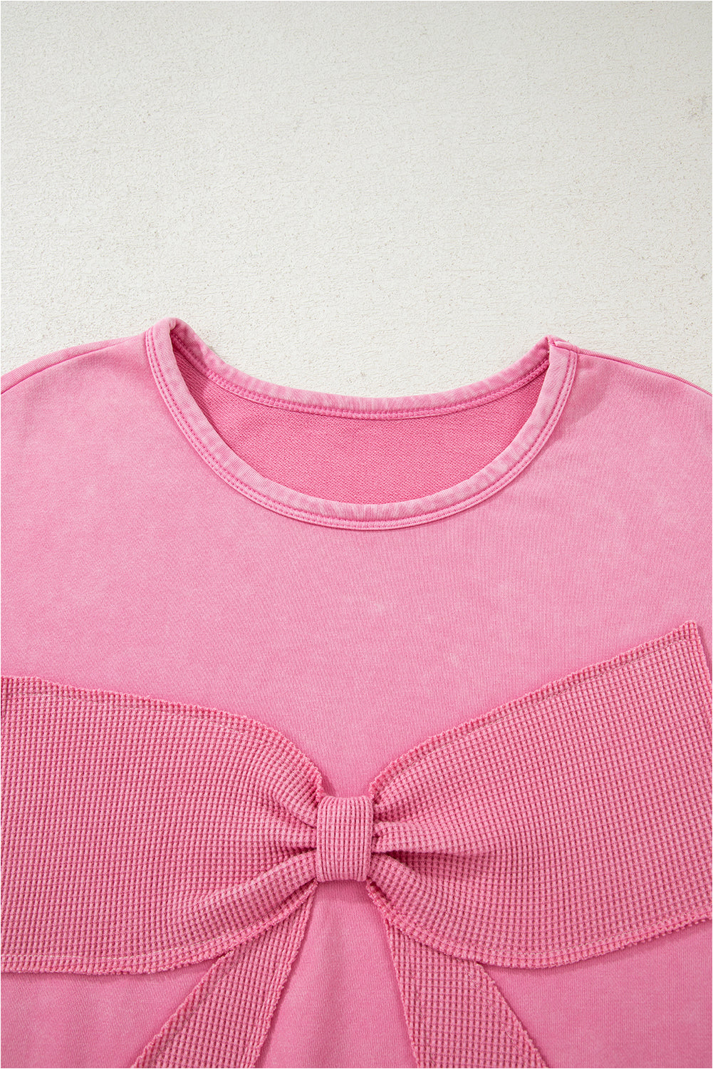 Plus Size Waffle Bowknot Patchwork Mineral Wash Sweatshirt