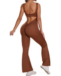 FITTOO Flare Jumpsuits for Women One Piece Backless Sleeveless V Back Scrunch Butt Yoga Workout Bodycon Romper Playsuit Khaki