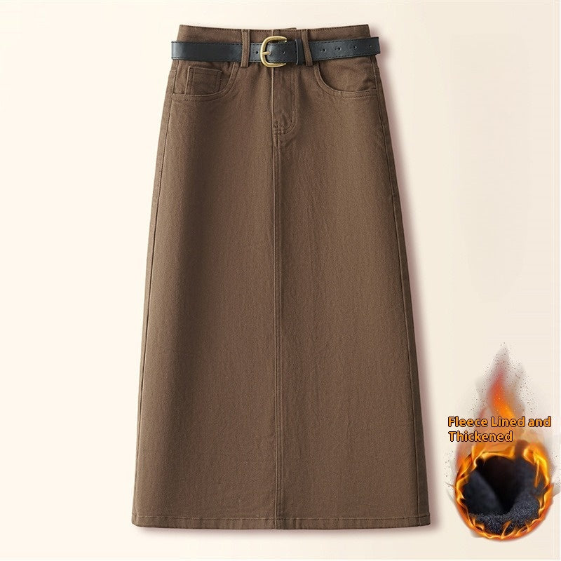 Brown A-Line Straight Skirt Retro Slit Hip Skirt