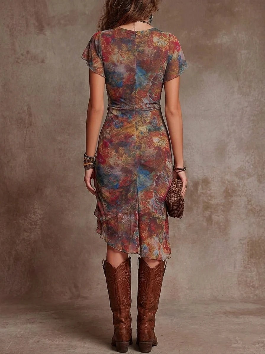 Women's Slim-Fit Printed V-Neck Defined Waist Midi Dress