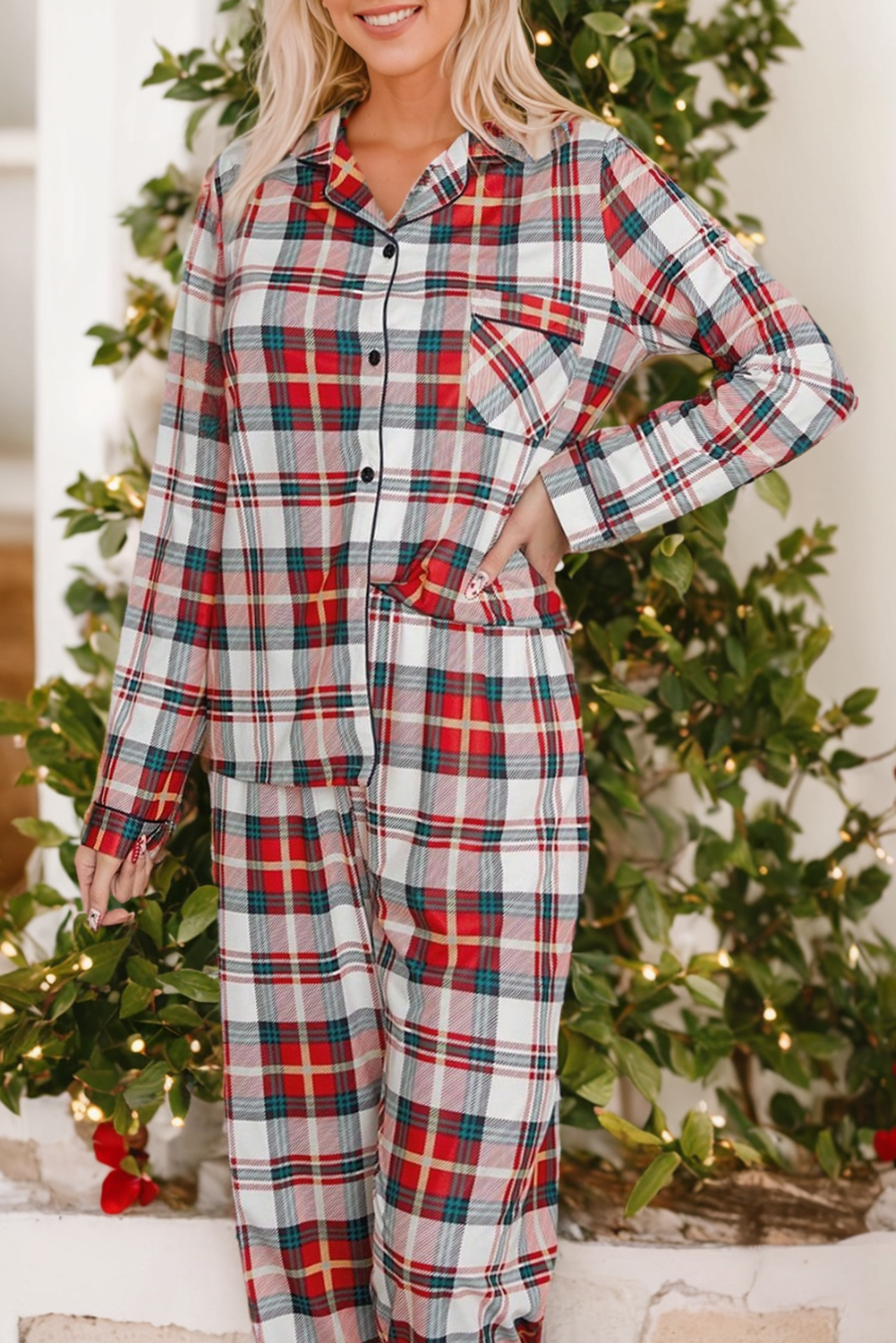Red Plaid Christmas Pajamas Set Long Sleeve Two Piece