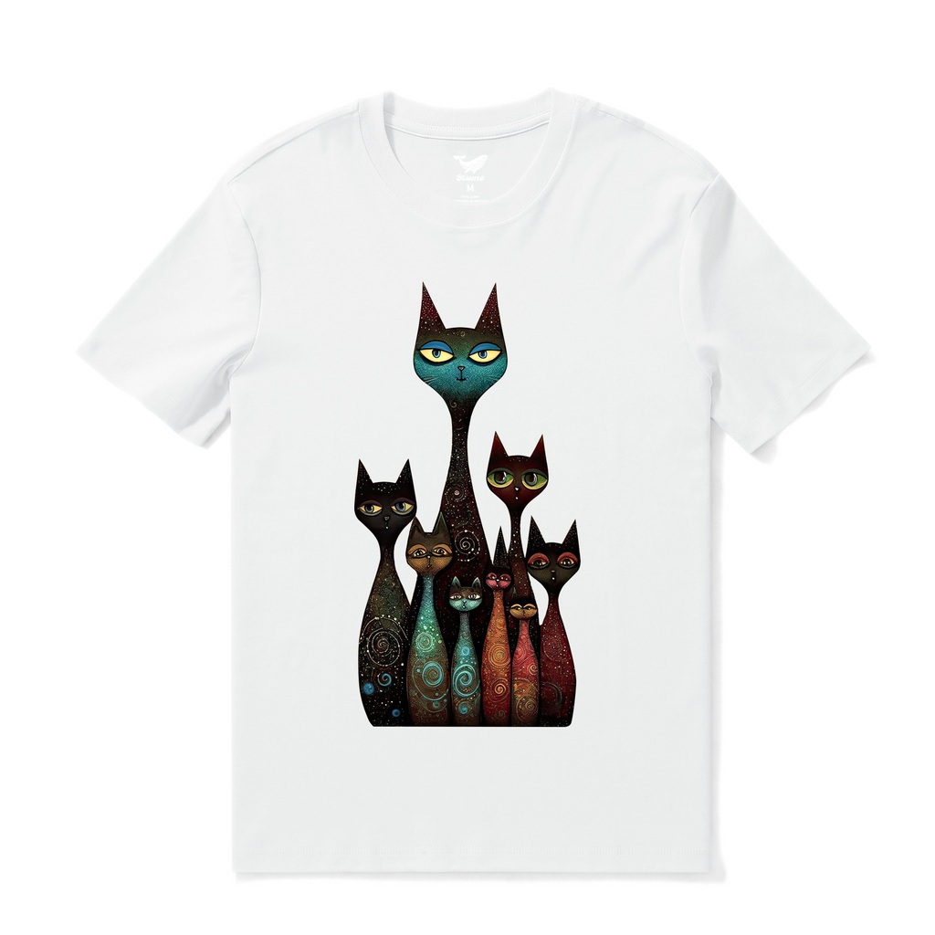 White crew neck t-shirt featuring a graphic illustration of a happy cat family