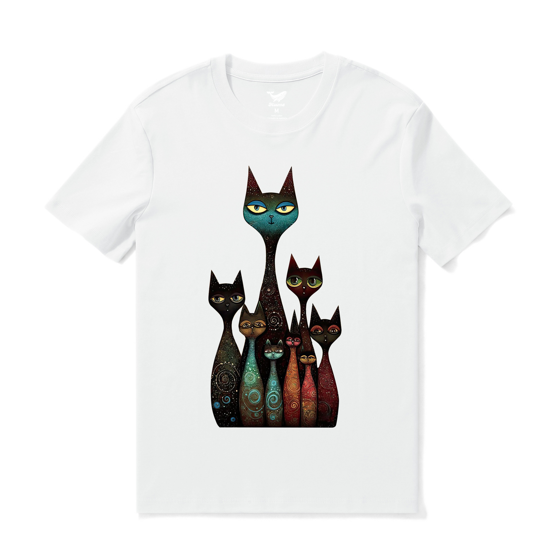 White crew neck t-shirt featuring a graphic illustration of a happy cat family