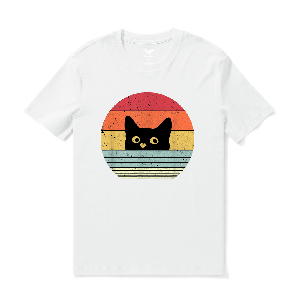 Retro Cat Print Cotton Crew Neck T-Shirt in White
