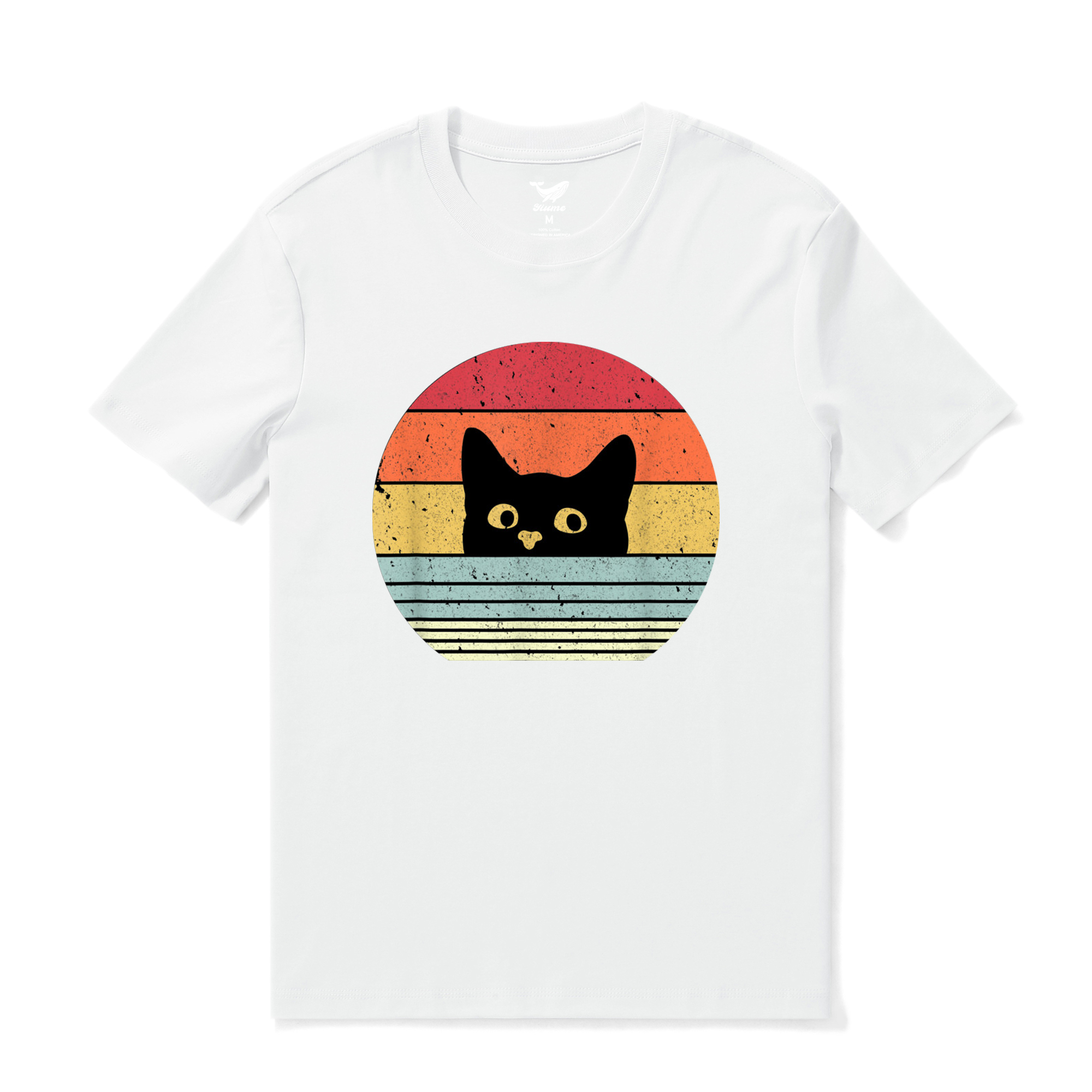 Retro Cat Print Cotton Crew Neck T-Shirt in White