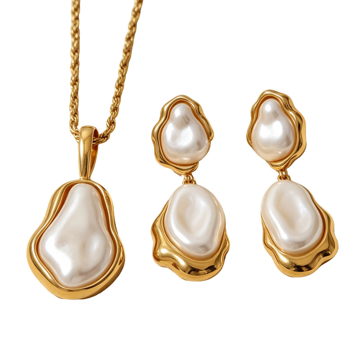 Women Irregular Faux Baroque Pearl 2Pcs Jewelry Set, Twisted Chain Necklace Double Drop Earrings PVD Gold Plated For Daily Wedding Gift