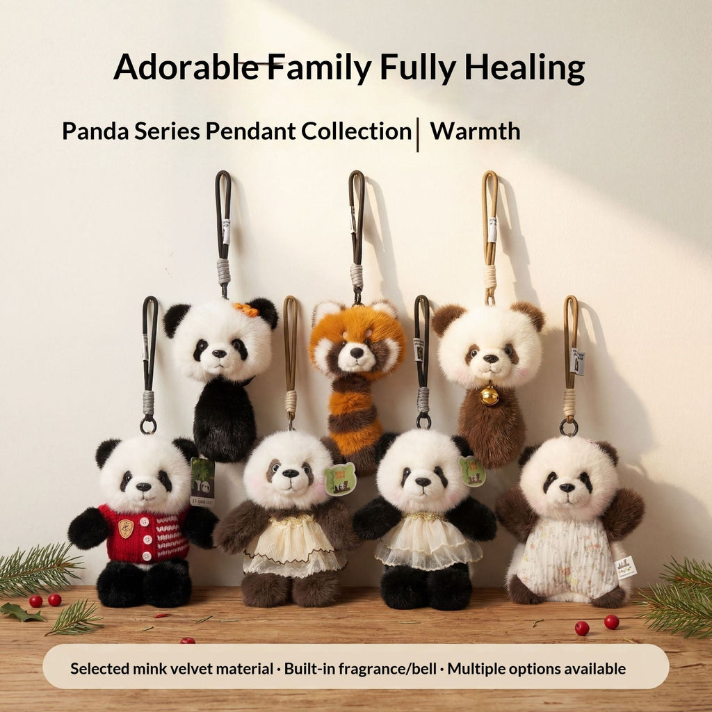 Kawaii panda plush toy pendant with brown flower accents hanging from a silver carabiner