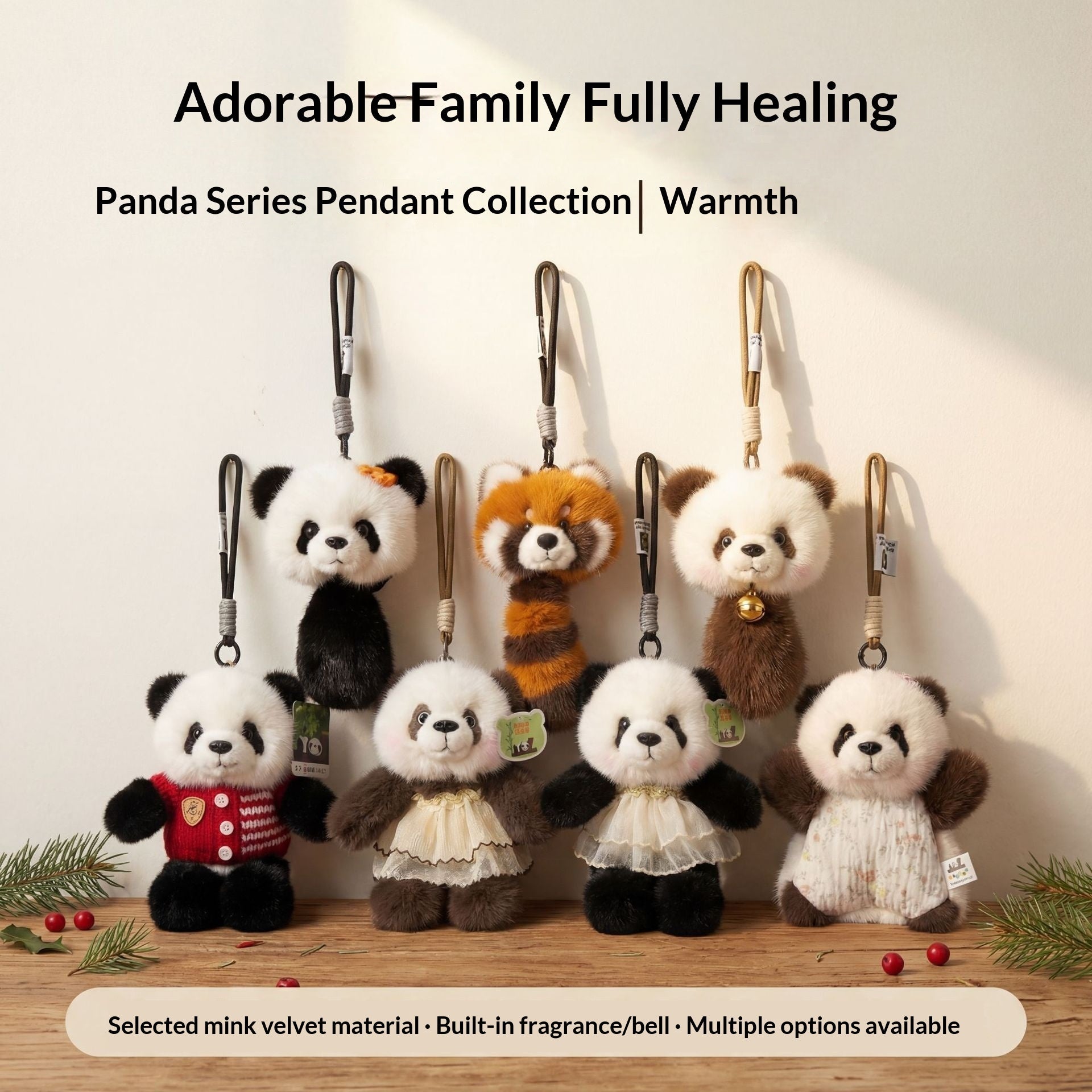 Kawaii panda plush toy pendant with brown flower accents hanging from a silver carabiner