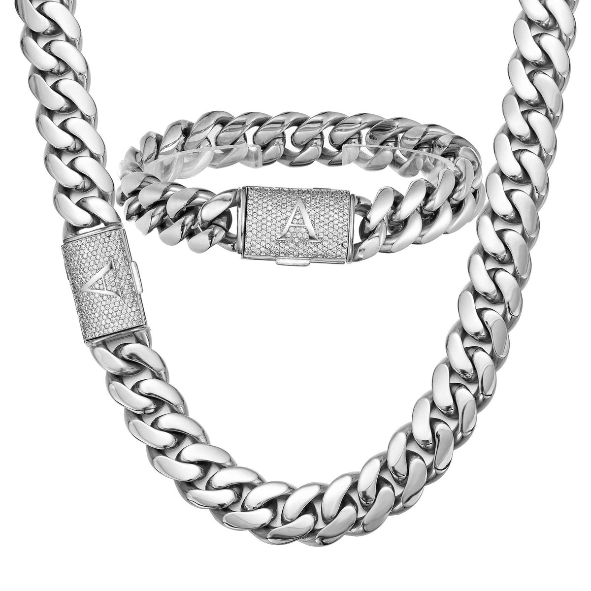 Mens Hip-Hop Lettered Snap-Clasp Encrypted Chain Cuban Link Steel-Colored Necklace