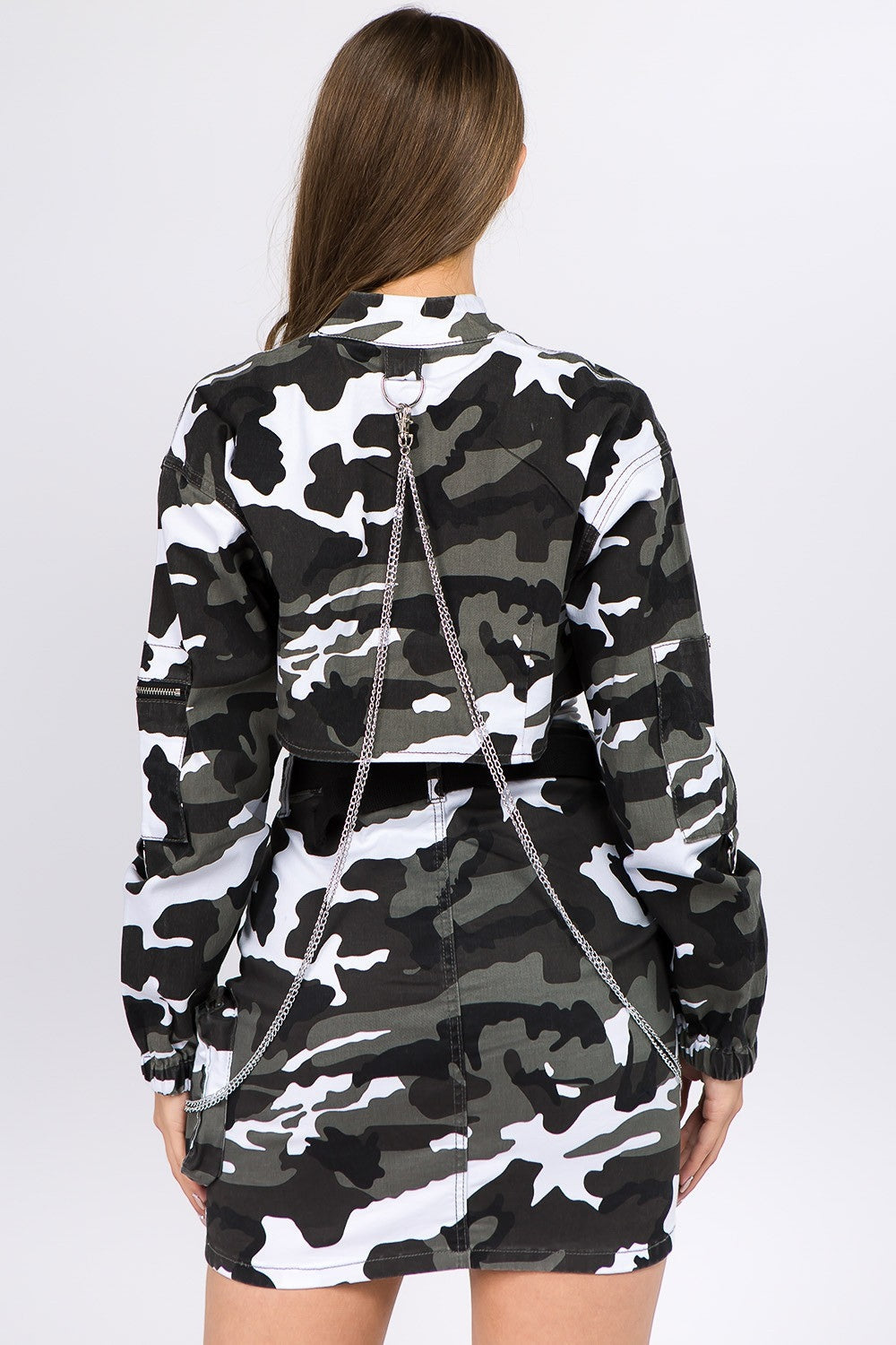 Women's Camouflage Cropped Jacket with Chain Detail - Image 2