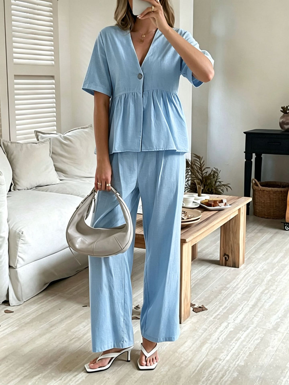 Women's V-Neck Peplum Top and Wide-Leg Pants Two Piece Set - Image 10