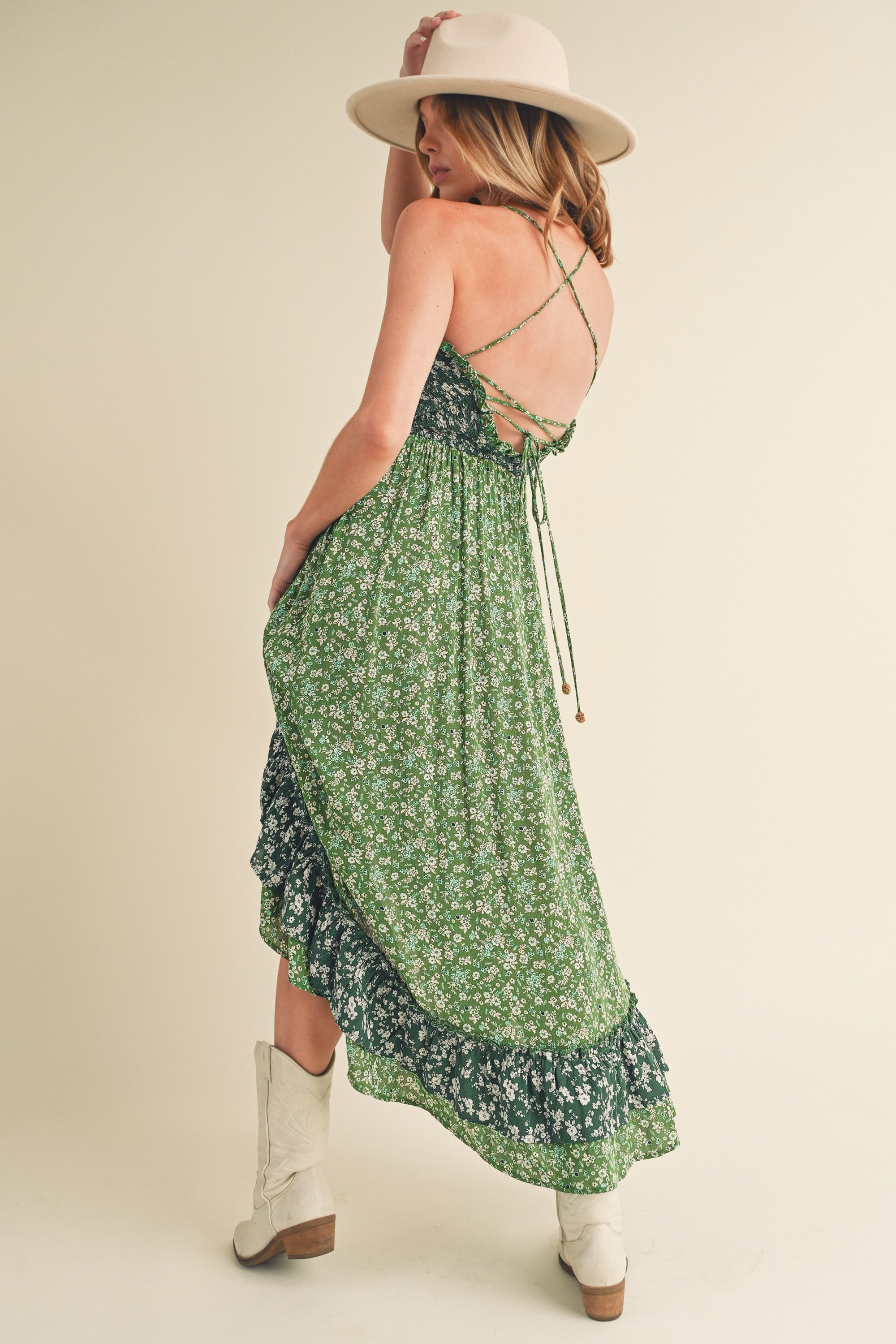Ditsy Floral Ruffled Hem Maxi Cami Dress in Green & White