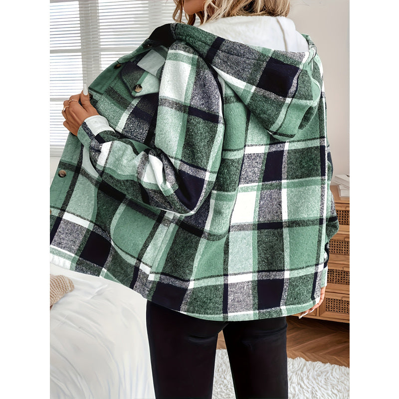 Women's Plaid Fleece Lined Hooded Button Front Casual Jacket