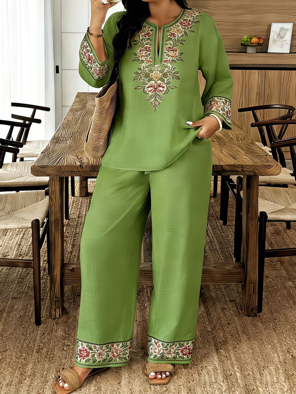 Women's Ethnic Floral Embroidered Long Sleeve Two Piece Set - Image 9