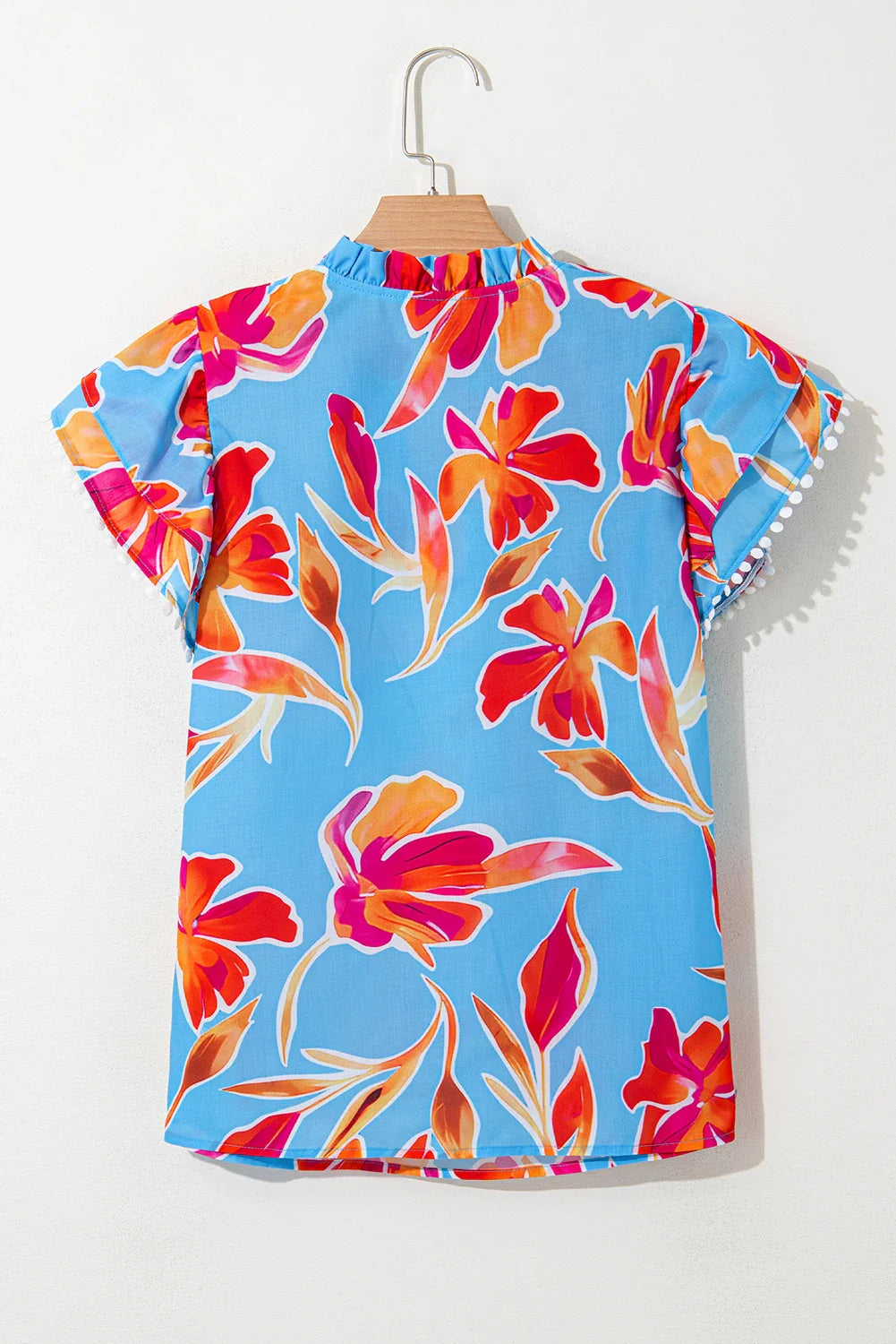 Floral V-Neck Flutter Sleeve Blouse in Sky Blue