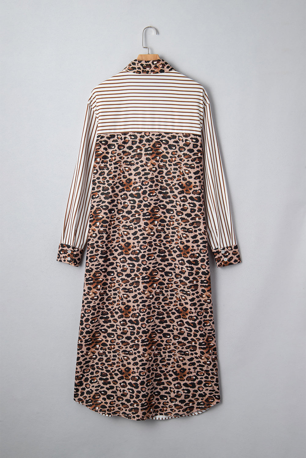 Leopard Patchwork Stripe Shirt Dress with Slits