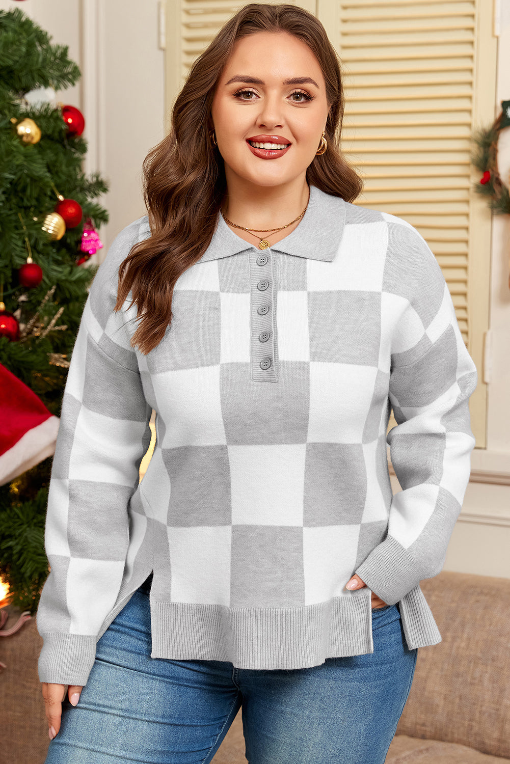 Plus Size Checker Buttoned Polo Collar Sweater
