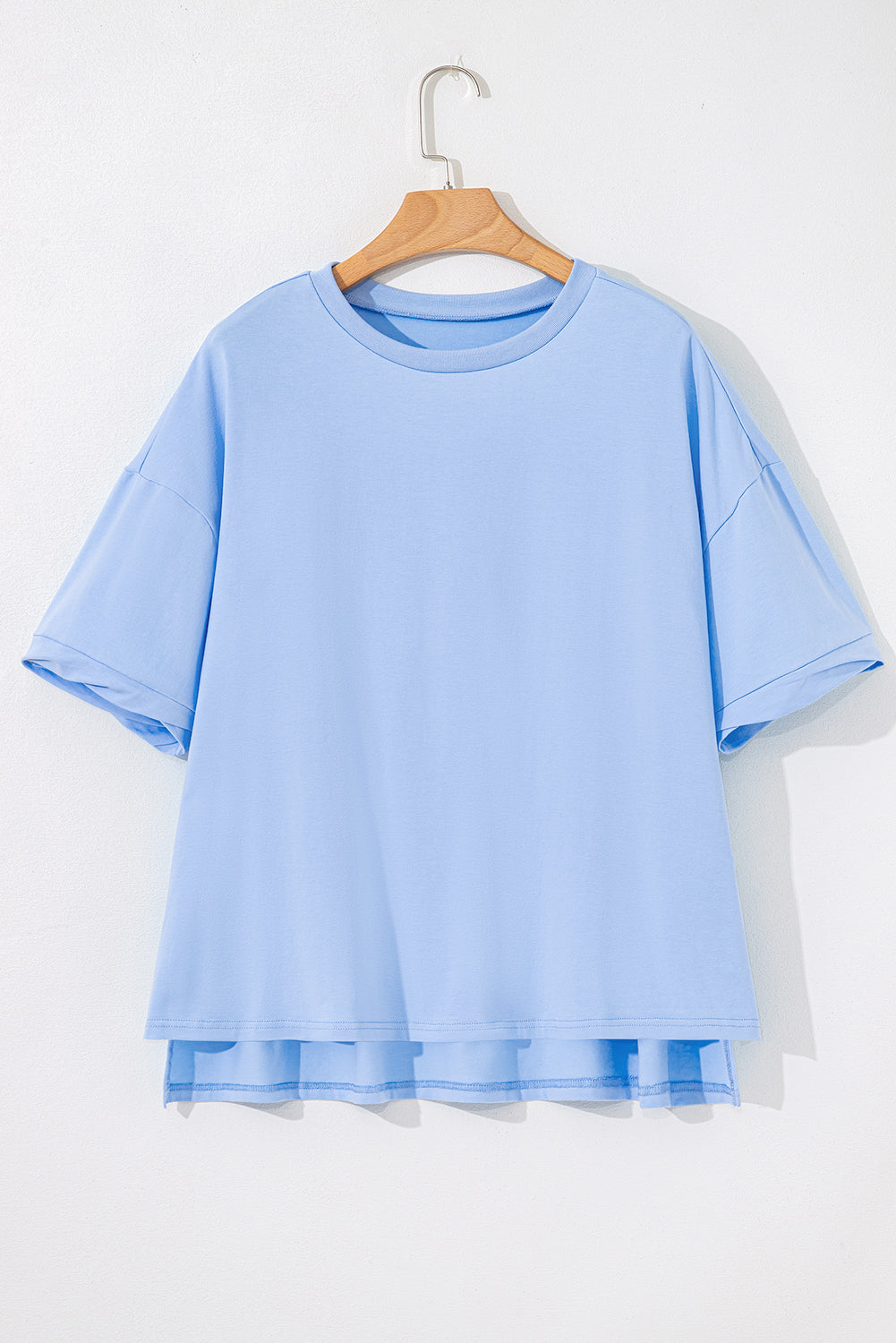 Myosotis Loose Half Sleeve Hi-Low T-Shirt | Light Blue Cotton
