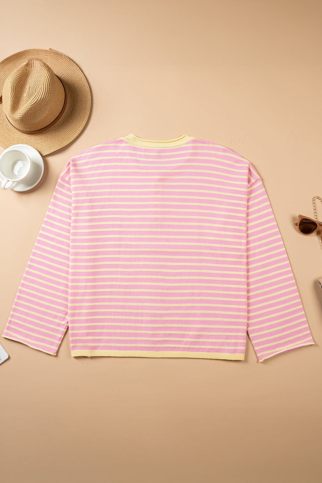 Plus Size Stripe Contrast Trim Henley Sweater