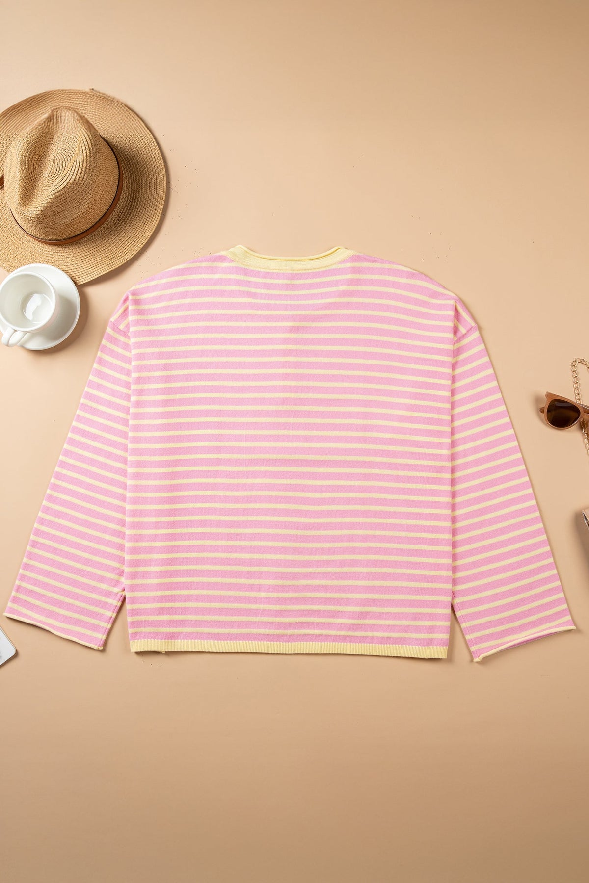 Plus Size Stripe Contrast Trim Henley Sweater