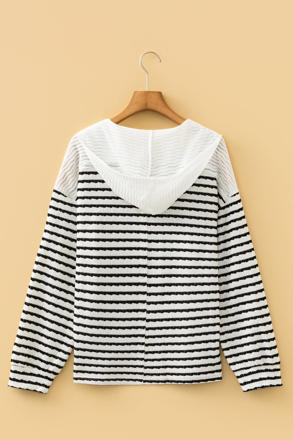 Black Stripe Textured Hooded V Neck Casual Long Sleeve Top