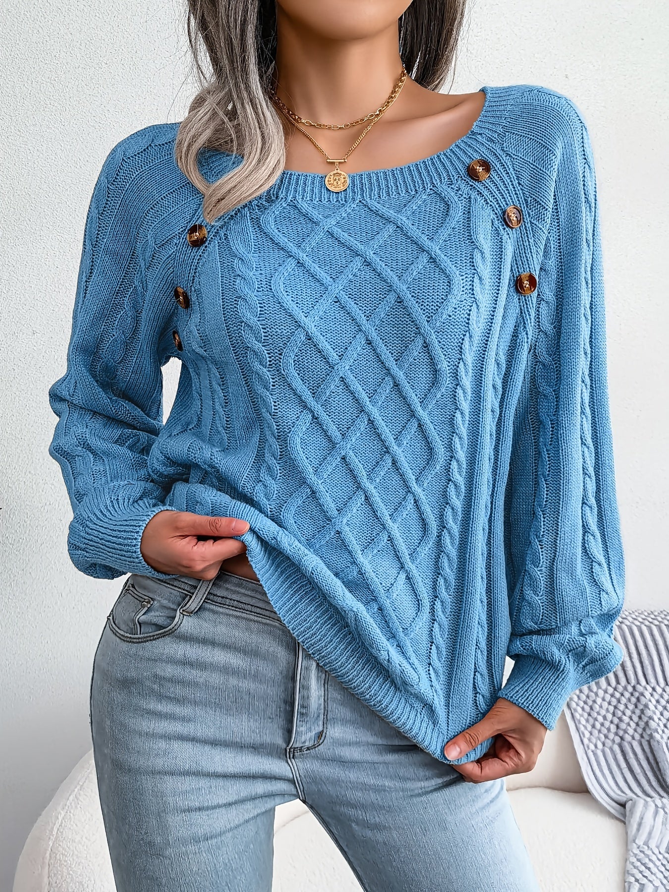 Women's Textured Cable Knit Sweater with Decorative Buttons - Image 8